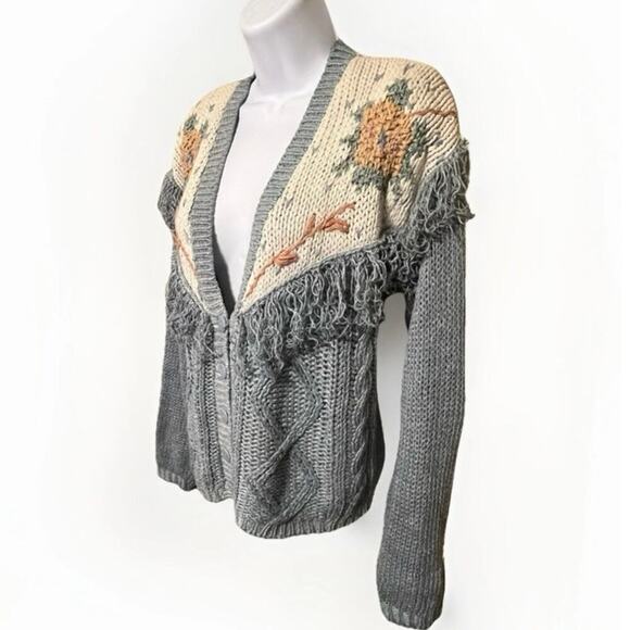 Vtg Hand Knit Fringe Cardigan Sweater Blue Floral Granny Cottage 80s Boho Size L - Picture 2 of 7